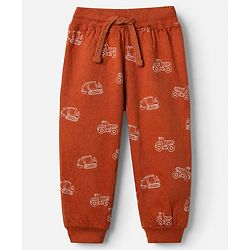 Babyhug Cotton Jersey Knit Full Length Lounge Pants with Jogger Fit and Construction Vehicles Print Pack of 3 in Blue Red & Off white