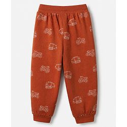 Babyhug Cotton Jersey Knit Full Length Lounge Pants with Jogger Fit and Construction Vehicles Print Pack of 3 in Blue Red & Off white