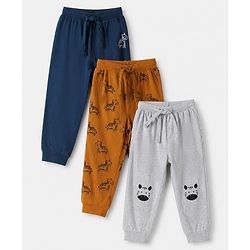 Babyhug Cotton Knit Full Length Jogger Fit Lounge Pant With Animal Print Pack of 3 in Navy Blue Grey Yellow