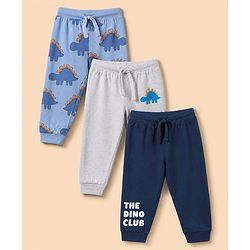 Babyhug Cotton Jersey Knit Full Length Lounge Pant with Dino Print in Blue & White Pack of 3