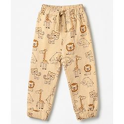 Babyhug Cotton Jersey Knit Full Length Lounge Pants with Lion & Elephant Print in Brown Green & Beige Pack of 3