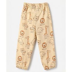 Babyhug Cotton Jersey Knit Full Length Lounge Pants with Lion & Elephant Print in Brown Green & Beige Pack of 3