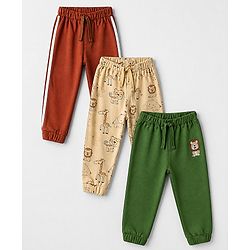 Babyhug Cotton Jersey Knit Full Length Lounge Pants with Lion & Elephant Print in Brown Green & Beige Pack of 3