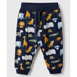 Babyhug Cotton Jersey Knit Full Length Track Pants WIth Animal Print Pack of 3 - Beige Navy Blue & Red