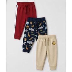 Babyhug Cotton Jersey Knit Full Length Track Pants WIth Animal Print Pack of 3 - Beige Navy Blue & Red