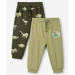 Babyhug Cotton Knit Full Length Jogger Fit Lounge Pant With Dino Print Pack of 2 in Green