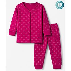 Babyhug Cotton Knit Full Sleeves Front open Thermal Inner Wear Set With Heart Print- Fuchsia