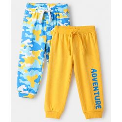 Babyhug Cotton Knit Full Length Jogger Fit Lounge Pant With Camouflage Print Pack of 2 in Yellow Blue