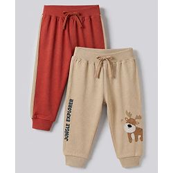 Babyhug Cotton Jersey Knit Jogger Fit Full Length Lounge Pant Pack of 2 With Deer Print in Red
