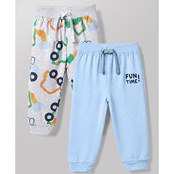 Babyhug Cotton Jersey Knit Full Length Lounge Pants With Vehicles & Fun Time Text Print Pack of 2 - Blue & Grey