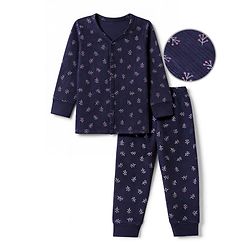 Babyhug Knit Full Sleeves Vests & Pant With Floral Print Thermal Inner Wear - Navy Blue