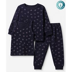Babyhug Cotton Mixes Knit Full Sleeves Vests & Pant Thermal Inner Wear with Floral Print - Navy Blue
