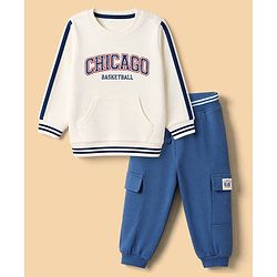 Babyhug 100% Cotton Terry Knit Full Sleeves T-Shirt & Joggers Set With Text Print - Off White & Navy Blue