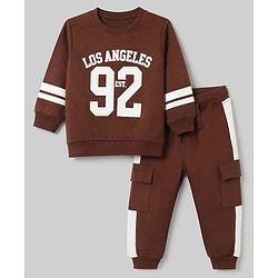Babyhug Terry Knit Full Sleeves T-Shirt & Joggers Set With Text Print - Brown