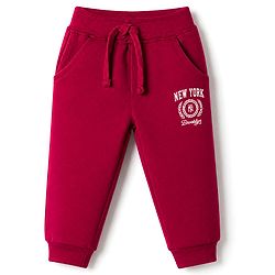 Babyhug Cotton Terry Knit Jogger Fit Full Length Lounge Pant with New York Brooklyn Print in Maroon