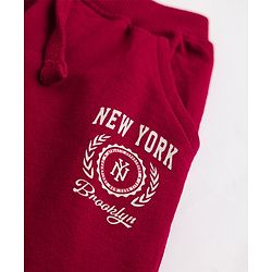Babyhug Cotton Terry Knit Jogger Fit Full Length Lounge Pant with New York Brooklyn Print in Maroon