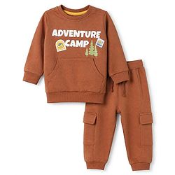 Babyhug Terry Knit Full Sleeves T-Shirt & Joggers Set With Text Print - Brown
