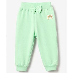 Babyhug Cotton Knit Full Length Lounge Pants with Rainbow Patch and Bow Applique Pack of 3 - Green Purple Pink