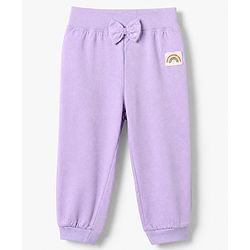 Babyhug Cotton Knit Full Length Lounge Pants with Rainbow Patch and Bow Applique Pack of 3 - Green Purple Pink