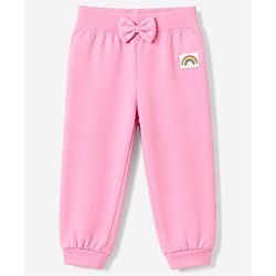 Babyhug Cotton Knit Full Length Lounge Pants with Rainbow Patch and Bow Applique Pack of 3 - Green Purple Pink