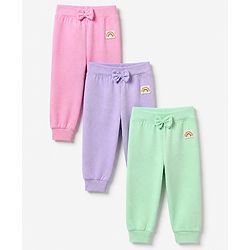 Babyhug Cotton Knit Full Length Lounge Pants with Rainbow Patch and Bow Applique Pack of 3 - Green Purple Pink