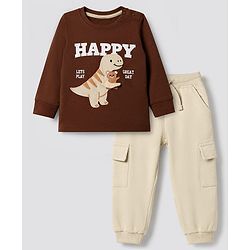 Babyhug 100% Cotton Terry Knit Full Sleeves T-Shirt and Joggers Set With Dino Patch - Brown