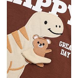 Babyhug 100% Cotton Terry Knit Full Sleeves T-Shirt and Joggers Set With Dino Patch - Brown