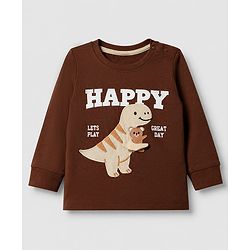 Babyhug 100% Cotton Terry Knit Full Sleeves T-Shirt and Joggers Set With Dino Patch - Brown