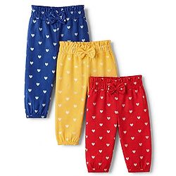 Babyhug Cotton Jersey Knit Full Length Track Pant With Bow Applique & Heart Print Pack of 3 - Blue Mustard & Red