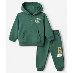 Babyhug 100% Cotton Terry Knit Full Sleeves Hooded T-Shirt and Jogger with New York City Print with Kangaroo Pockets - Green