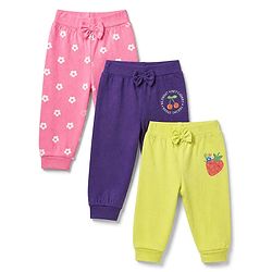 Babyhug Cotton Jersey Jogger Fit Lounge Pants with Floral, Cherry & Strawberry Print with Bow Pack of 3 - Pink, Violet & Light Green