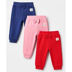 Babyhug Cotton Jersey Knit Full Length Track Pant With Bow Patch Pack of 3 - Blue Pink & Red