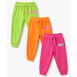 Babyhug Cotton Knit Full Length Jogger Fit Lounge Pant with London New York Print Pack of 3 in Orange Pink