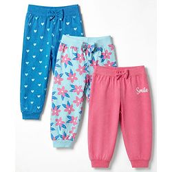 Babyhug Cotton Jersey Knit Jogger Fit Lounge Pants with Floral, Hearts & Smile Text Print with Bow Pack of 3 - Pink, Blue & Light Blue