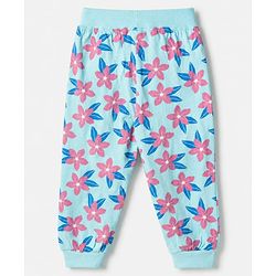 Babyhug Cotton Jersey Knit Jogger Fit Lounge Pants with Floral, Hearts & Smile Text Print with Bow Pack of 3 - Pink, Blue & Light Blue