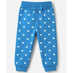 Babyhug Cotton Jersey Knit Jogger Fit Lounge Pants with Floral, Hearts & Smile Text Print with Bow Pack of 3 - Pink, Blue & Light Blue