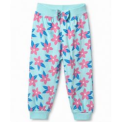 Babyhug Cotton Jersey Knit Jogger Fit Lounge Pants with Floral, Hearts & Smile Text Print with Bow Pack of 3 - Pink, Blue & Light Blue
