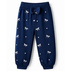 Babyhug Cotton Jersey Knit Jogger Fit Full Length Lounge Pant with Bow Print Pack of 2 In Blue Maroon