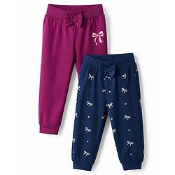 Babyhug Cotton Jersey Knit Jogger Fit Full Length Lounge Pant with Bow Print Pack of 2 In Blue Maroon