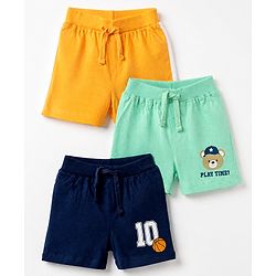 Babyhug Cotton Jersey Knit Shorts With Animal Print Pack of 3 - Yellow Green & Navy Blue