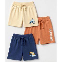 Babyhug 100% Cotton Single Jersey Knit Shorts with Tractor Print in Orange Blue & Cream Pack of 3