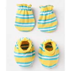 Babyhug 100% Cotton Interlock Knit Mittens & Booties With Stripes - Yellow