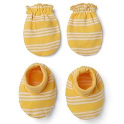 Babyhug 100% Cotton Interlock Knit Mittens & Booties with Stripes - Yellow