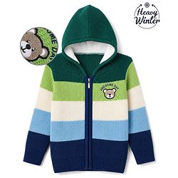 Babyhug Fur- Lined Knit Full Sleeves Hooded Sweater with Bear Embroidery - Navy Blue