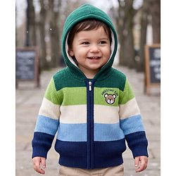 Babyhug Fur- Lined Knit Full Sleeves Hooded Sweater with Bear Embroidery - Navy Blue