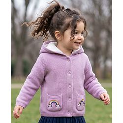 Babyhug Knit Hooded Full Sleeves Sweater With Rainbow Embroidery - Lavender