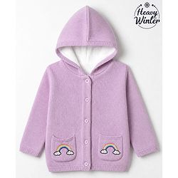 Babyhug Knit Hooded Full Sleeves Sweater With Rainbow Embroidery - Lavender