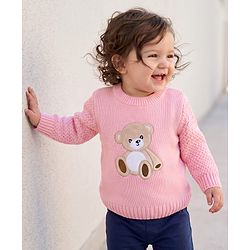 Babyhug Knit Full Sleeves Pullovers With Cable Knit Design & Teddy Bear Patch - Pink