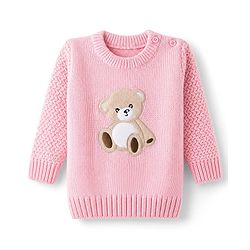 Babyhug Knit Full Sleeves Pullovers With Cable Knit Design & Teddy Bear Patch - Pink