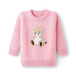Babyhug Knit Full Sleeves Pullovers With Cable Knit Design & Teddy Bear Patch - Pink
